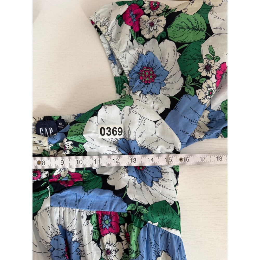 Gap Floral Smocked Back Puff Sleeve Mini Dress Blue Pink Pockets Cotton Womens M - Picture 6 of 9